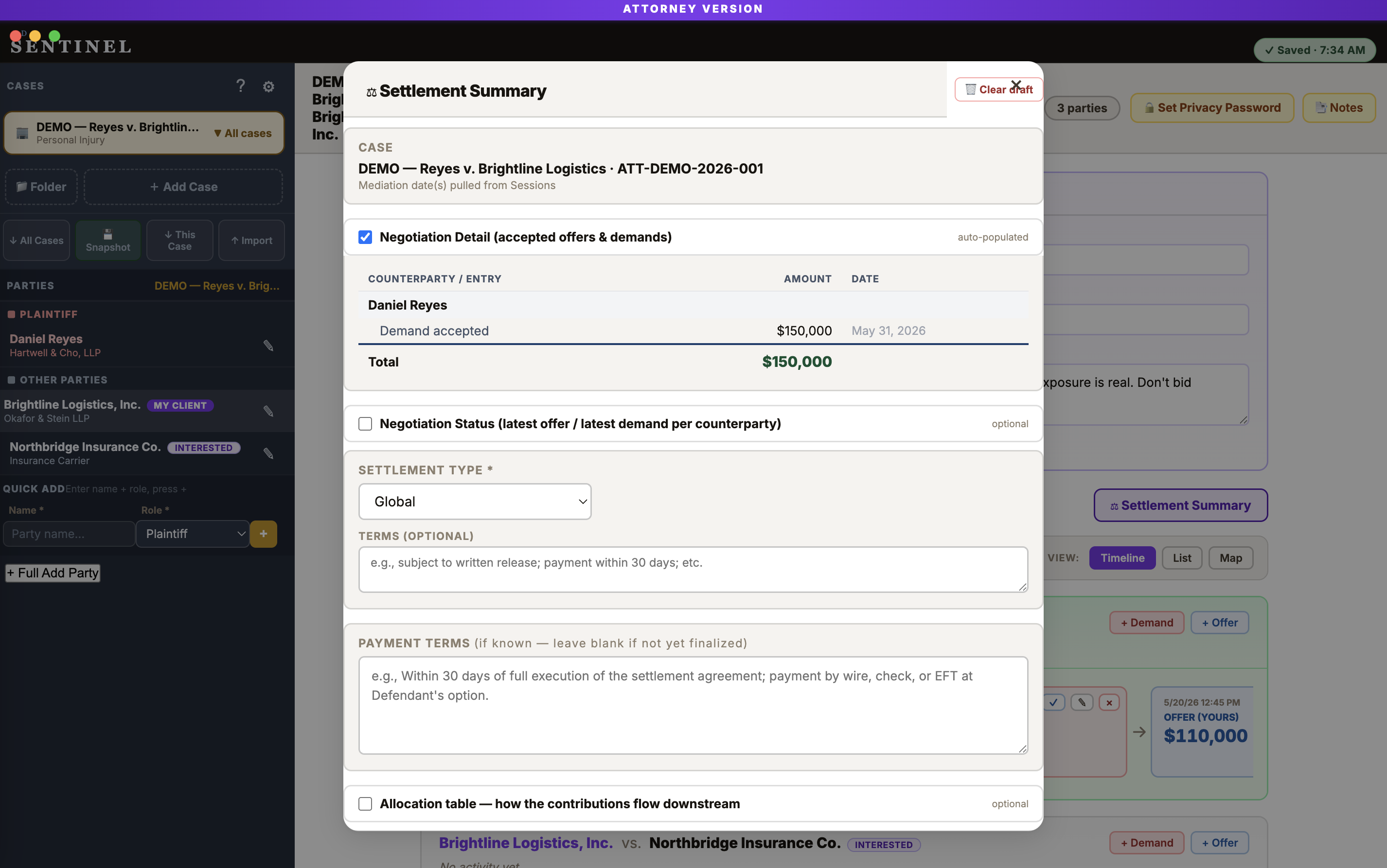 Generate a settlement summary to share with your client