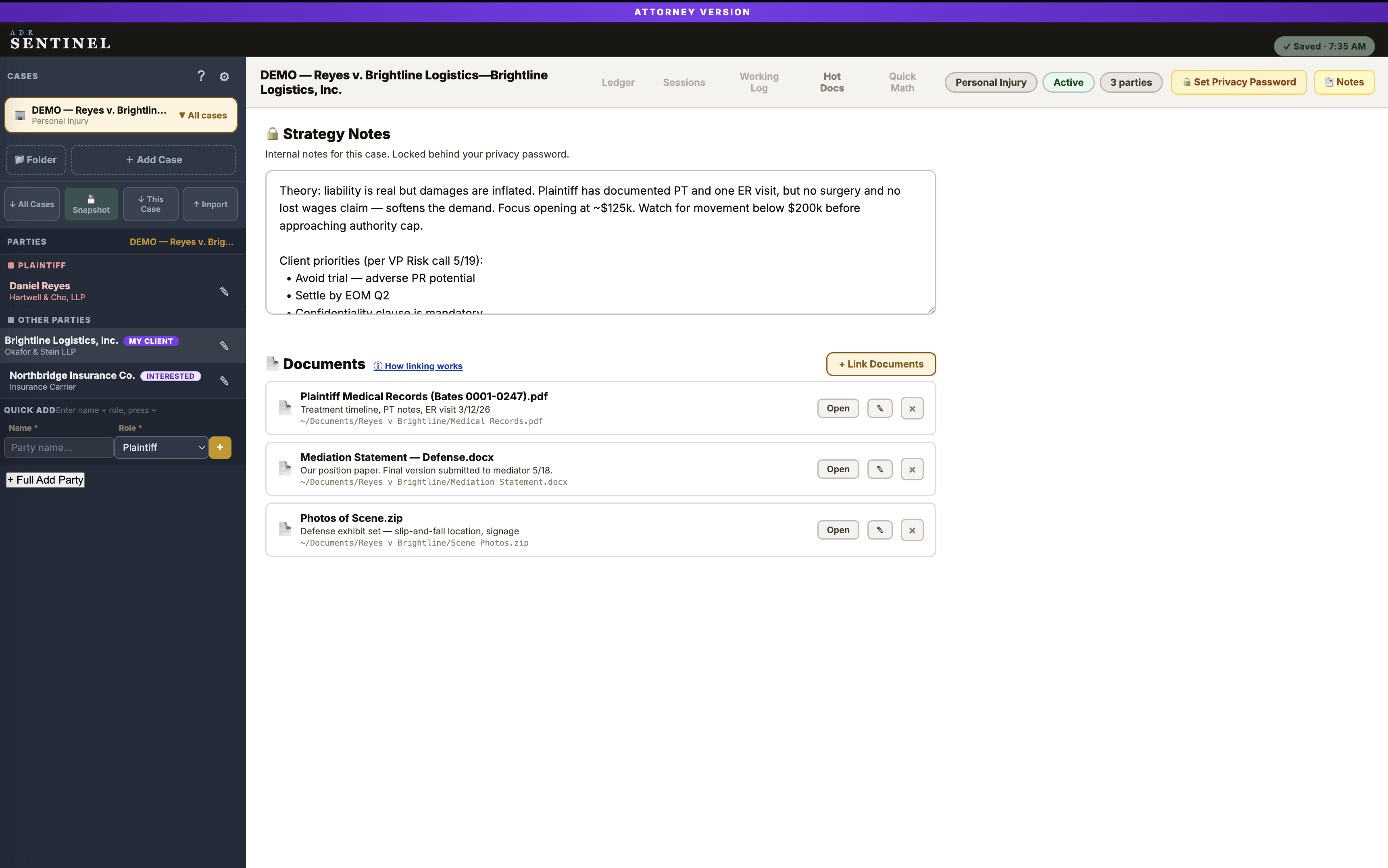 Your private strategy notes and linked case documents — everything on your side, in one place