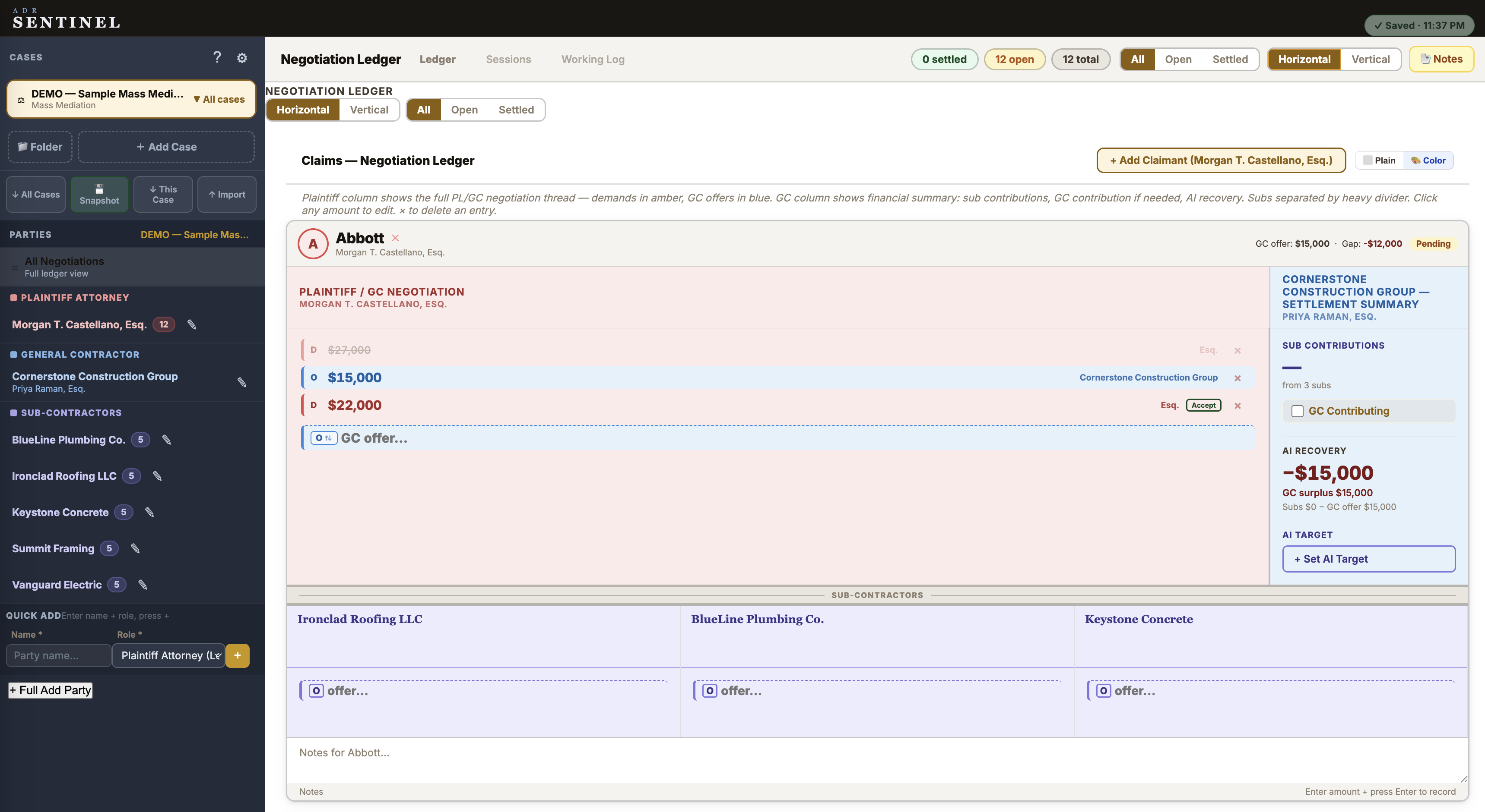 The mass-mediation ledger — every claimant, defendant, and running total in one grid