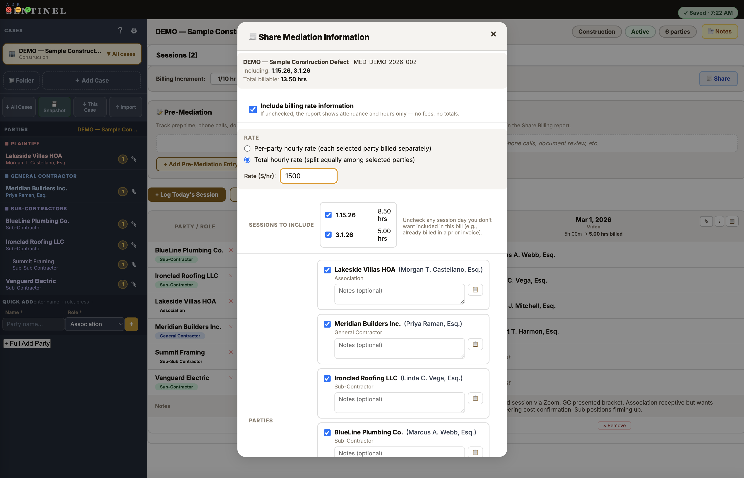 Share a billing & attendance report — choose the rate, sessions, and parties to include